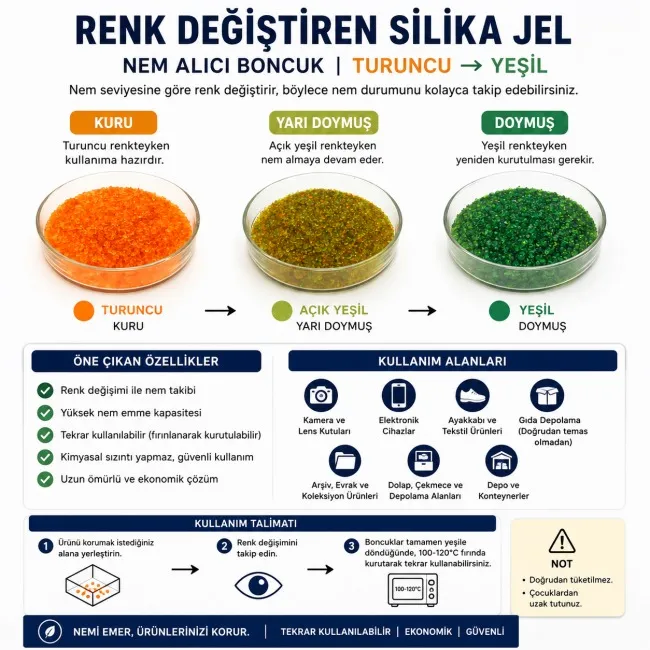 Turuncu Silika Jel Nem Alıcı İndikatörlü – Yeniden Kullanılabilir 500 Gr